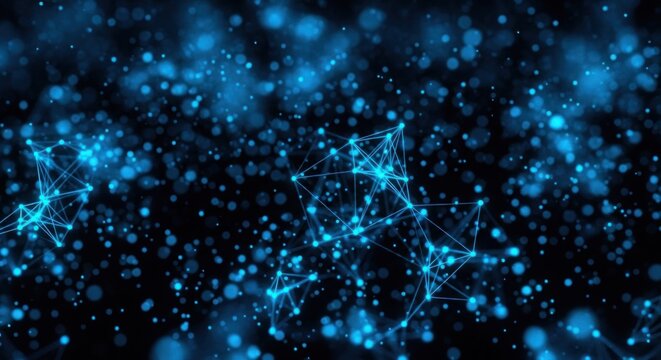 Glowing blue nodes connected by lines float against a dark background