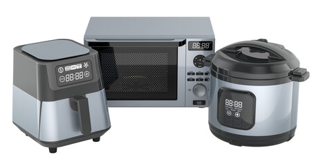 Obraz premium Air fryer, microwave oven and multi cooker set. 3D rendering
