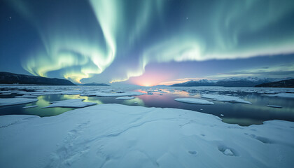 Northern Lights illuminating frozen landscape at twilight in winter  