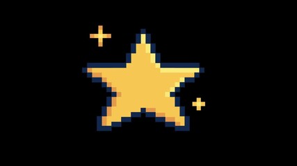 Pixel art sparkling star icon for a video game achievement or rating. Retro 8-bit golden star animation element isolated on black. - Powered by Adobe