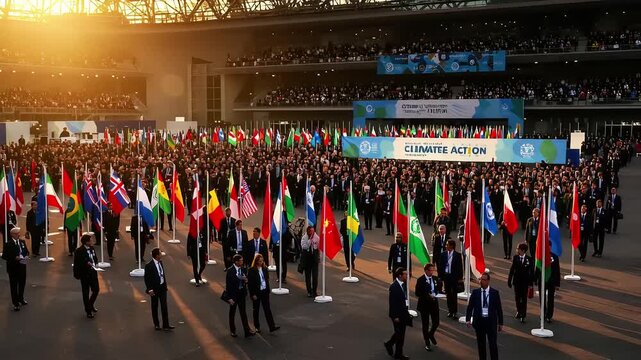 Delegates parade with nations flags at climate summit