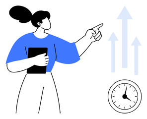Woman holding tablet gestures towards upward arrows and a clock, representing progress, time management, leadership, teamwork, goal setting, productivity, and success. Ideal for business