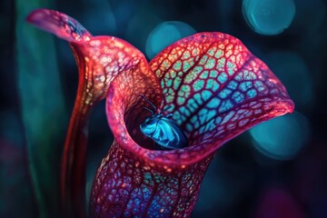 Naklejka premium A bright blue beetle rests inside the textured red and turquoise depths of a carnivorous pitcher plant.