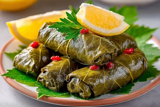 Dolmas de hojas de parra rellenas, una delicia de la cocina mediterr&aacute;nea en un plato decorado
