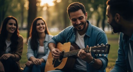 Obraz premium Happy friends gather, one playing guitar in a park as they smile at the music
