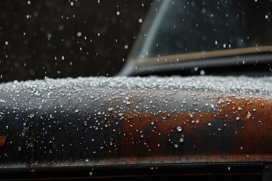 Fototapeta Close-up shot of a vintage car hood covered in ice and falling snow, dark background, cold weather.
