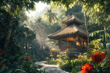 Lush tropical garden with a traditional Balinese pavilion bathed in soft sunlight and vibrant flowers.