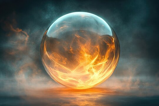 A mesmerizing translucent orb filled with swirling golden fire-like energy, set against a misty, atmospheric dark background.