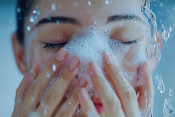 A woman washing her face with foam cleanser, JPEG format, symbolizing skincare routine and daily cleansing for beauty and wellness themes.