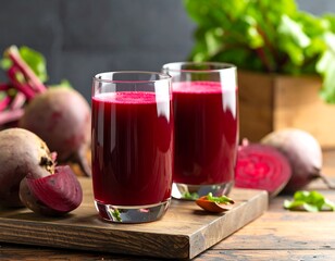 Two glasses of vibrant red beetroot juice, fresh root vegetables, and healthy drink concept