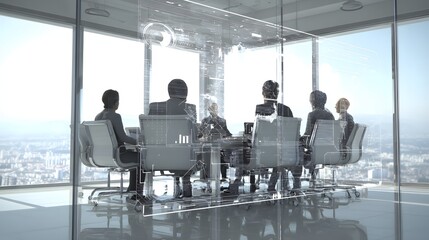 Business meeting in a modern office with overlaid digital information.