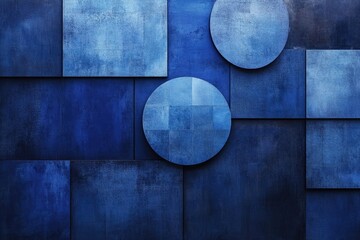 Abstract geometric design featuring blue squares and circles on a textured, modern art backdrop.