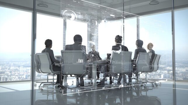 Business meeting in a modern office with overlaid digital information.