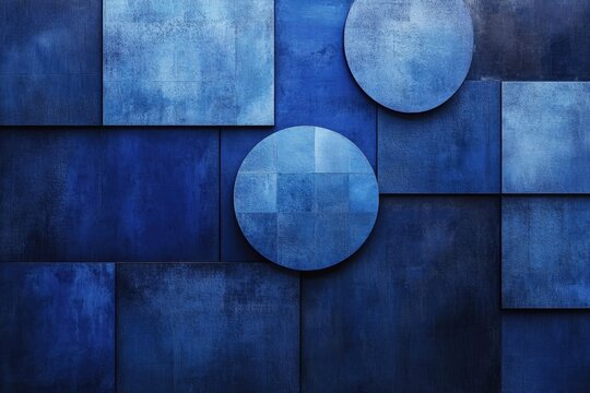 Abstract geometric design featuring blue squares and circles on a textured, modern art backdrop.