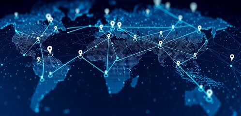 Abstract digital map of the world with pins or markers on global locations, blue background for business and technology concepts Generative AI - Powered by Adobe