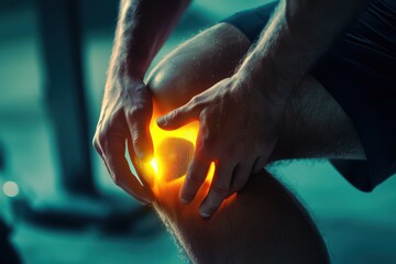 Close-up of a man��s glowing calf muscle with hands massaging, JPEG format, illustrating sports recovery, muscle health, or self-care.