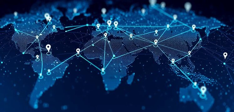 Abstract digital map of the world with pins or markers on global locations, blue background for business and technology concepts Generative AI - Powered by Adobe