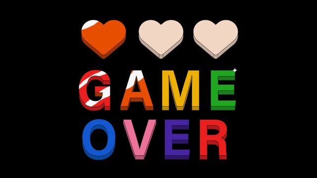 Colorful retro 'Game Over' text with pixel art life hearts on a black background, an ending screen for a classic arcade video game. - Powered by Adobe