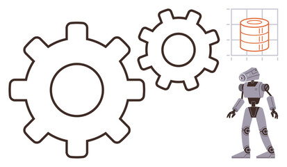 Robot beside two large gears and a data chart, symbolizing automation, AI, productivity, and innovation. Ideal for technology, machine learning, industrial progress, analytics robotics engineering