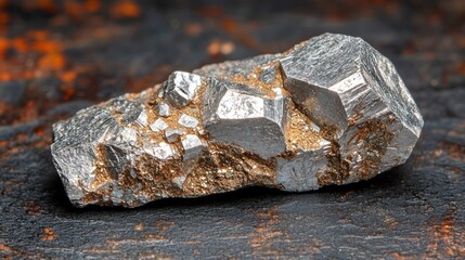 Fototapeta premium Metallic mineral, jagged edges, rests on textured dark surface, rust accents