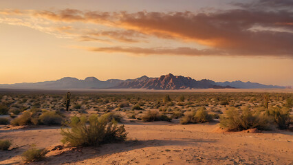 Stunning Desert Sunset with Cracked Earth, Sparse Vegetation, and Illuminated Mountain Peaks – Vibrant Sky Gradient and Rugged Terrain Capturing the Harsh Beauty of Arid Landscapes, 4K image 