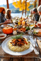 Risotto de champi&ntilde;ones locales servido en un ambiente acogedor junto al lago en un d&iacute;a soleado de oto&ntilde;o