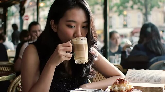 Elegant Asian woman enjoying a morning coffee and reading a book at a charming sidewalk cafe in Paris