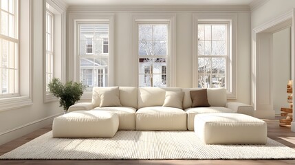 Cozy living room with large windows, cream sectional sofa, and ottomans.