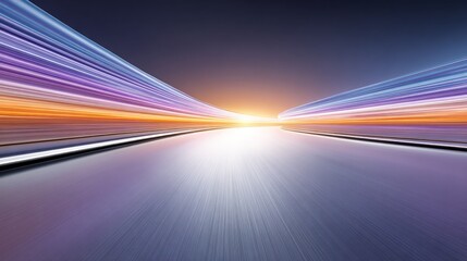 Motion blur converges to horizon, abstract blue, orange and purple streams