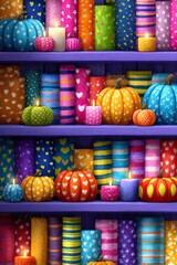 Elementos coloridos en estanterías decorativas con calabazas y velas para una celebración vibrante