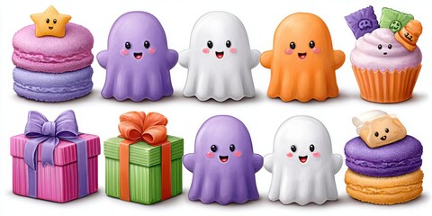 Clipart de elementos individuales coloridos con fantasmas, dulces y regalos en una presentaci&oacute;n festiva