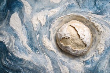 Dough ball cradled in flour with swirling blue backdrop, a culinary creation ready for the oven.