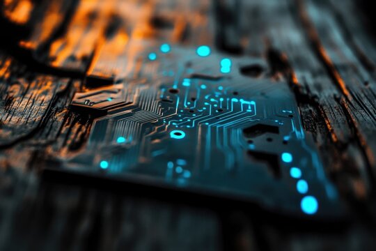 Close-up of a circuit board with glowing blue light trails against a weathered wooden background, evoking technology and data flow.