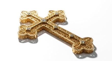 Ornate gold filigree cross with small stones on a plain white background
