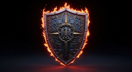 Ornate shield with gold details engulfed in flames against dark backdrop