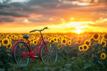 Naklejka premium A red bicycle stands in a vibrant field of sunflowers beneath a beautiful sunset sky.