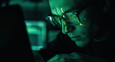 Person wearing glasses, green code reflecting, focused, dark room setting