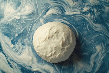Obraz premium Dough ball resting on a swirled blue and white surface, ready for baking preparation and food creation.