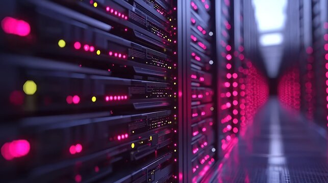 Rack of servers with blinking lights and a hall of similar structures - Powered by Adobe