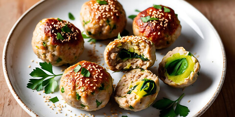 A plate of savory meatballs with sesame seeds and herbs, some cut open to reveal fillings