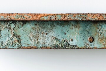 Close-up of a corroded and peeling teal metal beam with rusty edges against a white backdrop, revealing age and wear.