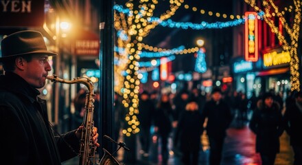 Obraz premium Saxophonist plays on festive city street at night, crowds blurred