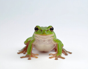 Obraz premium Close-up of a Vibrant Green Tree Frog on a White Background