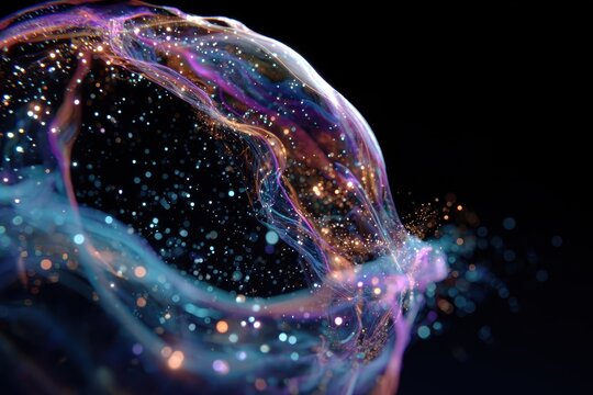Abstract Iridescent Bubble with Glowing Particles and Fluid Motion