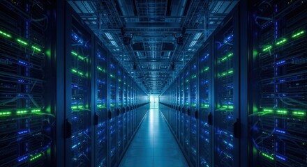 Server room with rows of glowing, blinking data storage units stretching into distance
