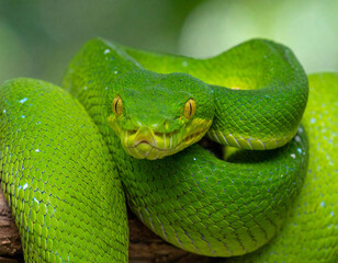 Fototapeta premium Vibrant Green Tree Viper Close Up Portrait