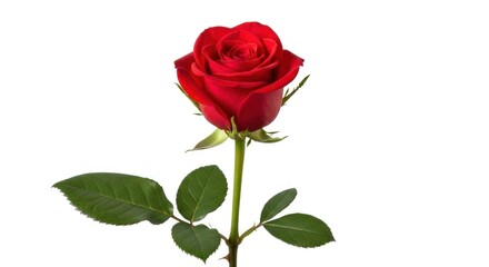 Naklejka premium Single red rose with leaves and stem, isolated on a white background