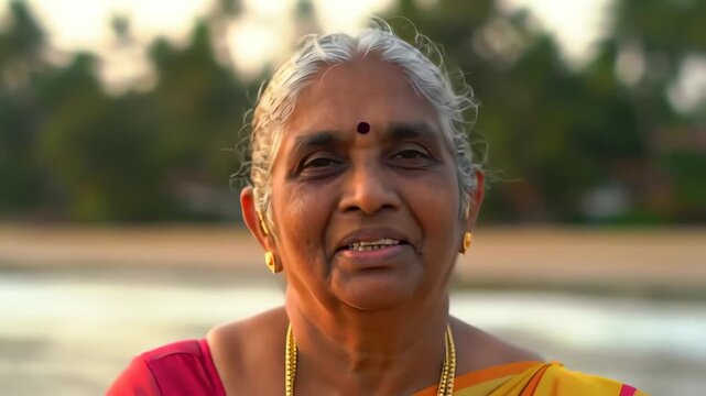 Serene elderly Indian woman with gray hair and a bindi smiling outdoors during golden hour