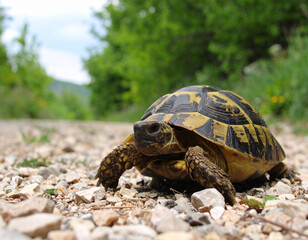 Focused tortoise on a rocky path, shell detailed with black and yellow markings, green foliage background
