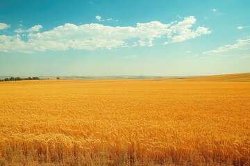 Vast golden wheat field under a bright blue sky with scattered white clouds stretches to the horizon.